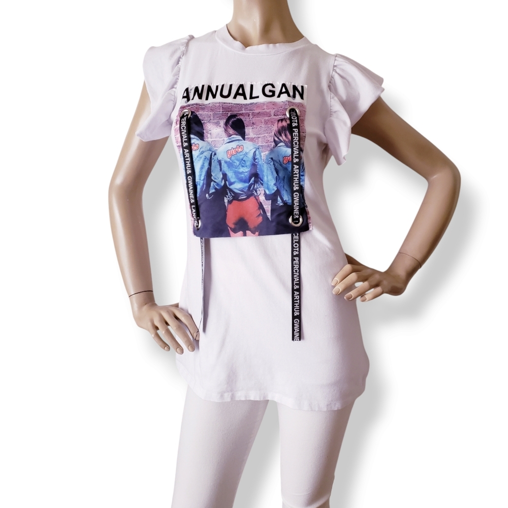 White Graphic Print Ribbon Tee with Ruffle Flutter Sleeves - Picture 5 of 8
